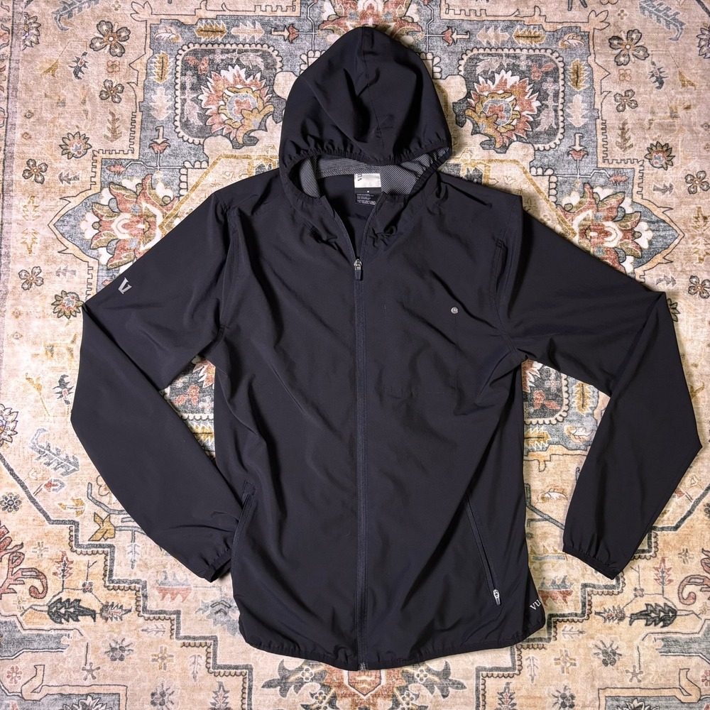 Vuori Daybreak Windbreaker Jacket Mens Medium Black Hooded Full Zip Gorpcore